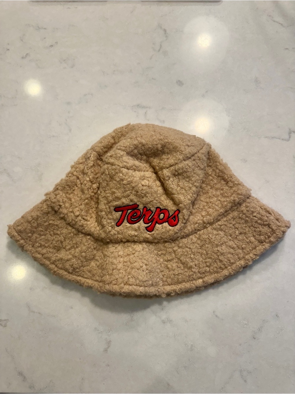 Pepsi Tan Sherpa Bucket Hat with Red "Terps" Embroidery